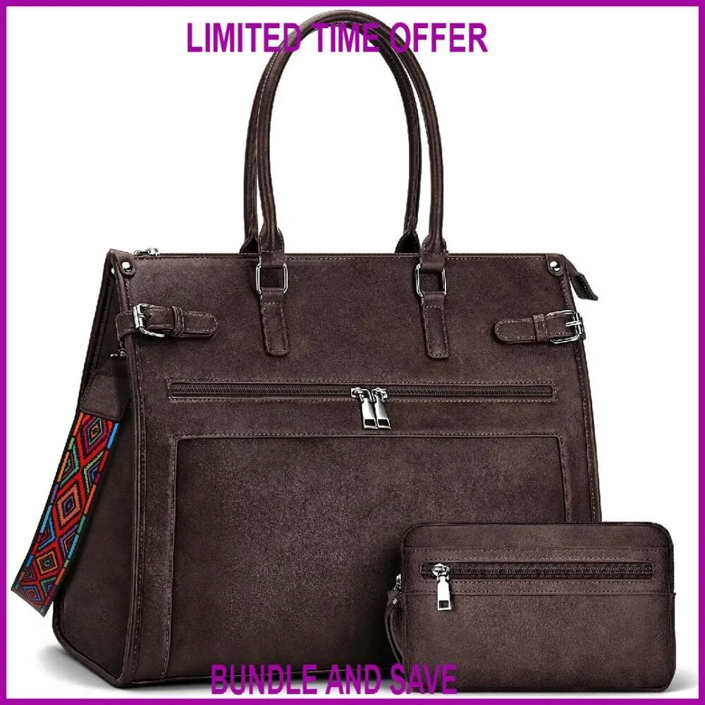 15.6 Inch Vegan Leather Laptop Tote Bag with 9 Pockets, Shoulder & Handbag